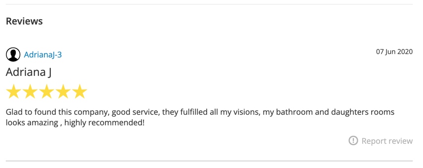 Five-star review from Adriana J praising a bathroom and bedrooms refurbishment.