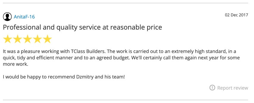Five-star customer review praising T-Class Builders for excellent service, attention to detail and timely solutions.