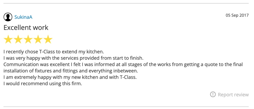 Five-star review praising the team for kitchen and bathroom work — skilled, reliable and tidy.