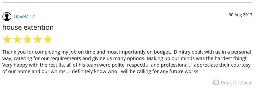 Five-star review from DaveV-12 praising a house extension project for professionalism and respect.
