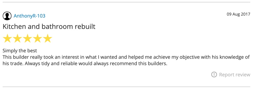 Five-star review praising excellent communication and service during a kitchen extension.