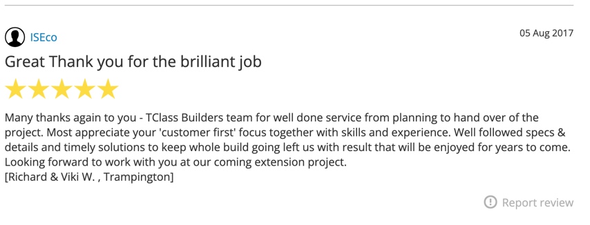 Five-star review praising T-Class Builders for high-quality, efficient service at a reasonable price.