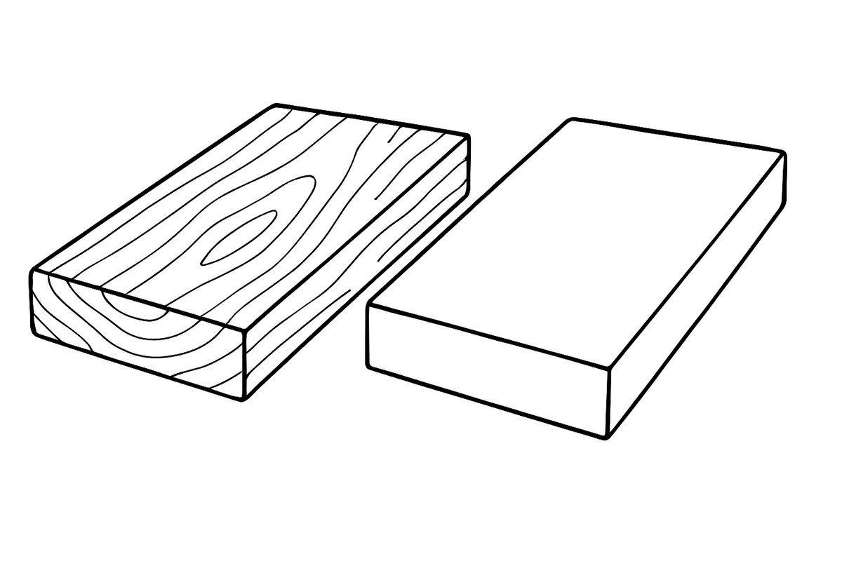 A timber decking board next to a composite decking board