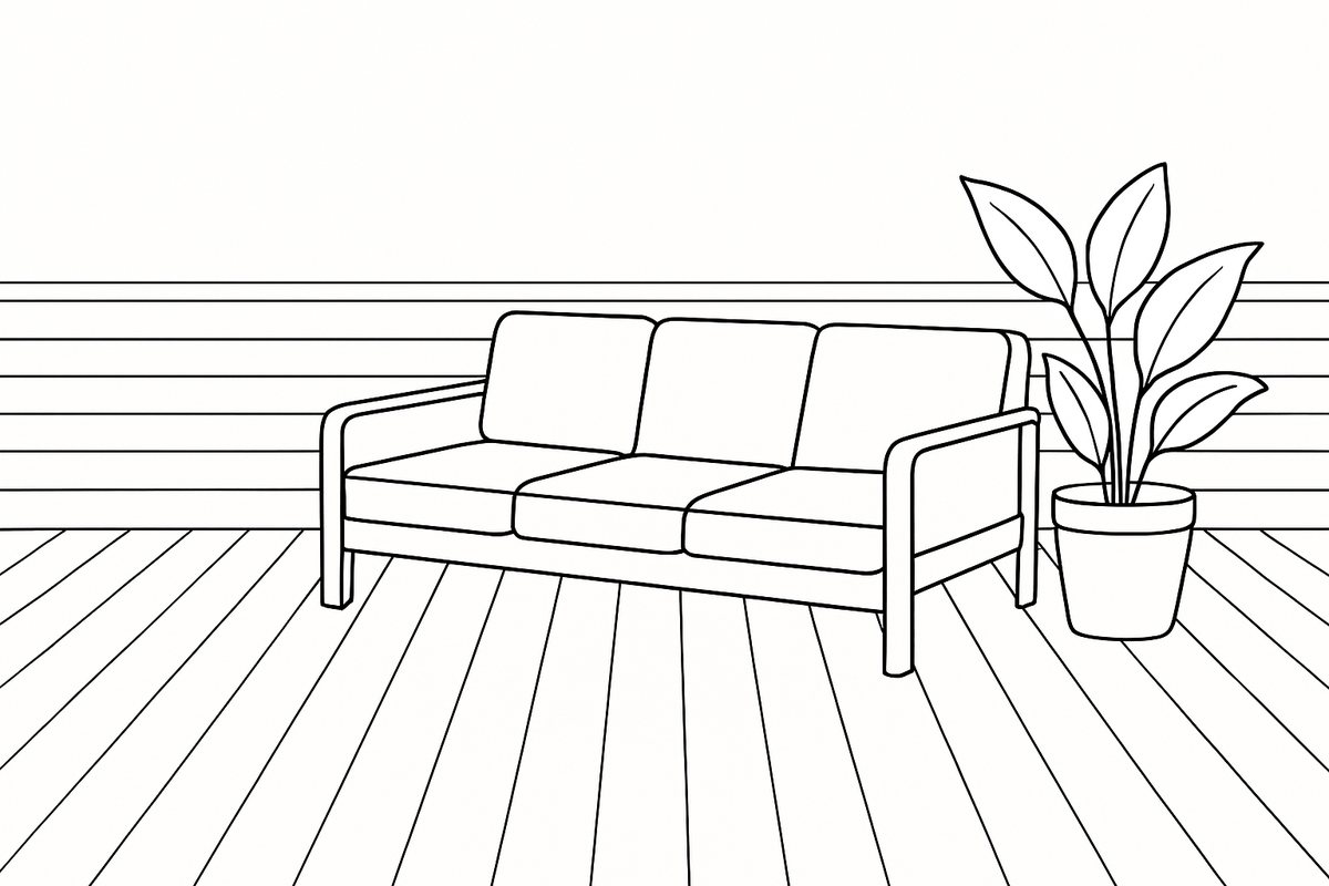 A finished low-maintenance composite garden deck with furniture