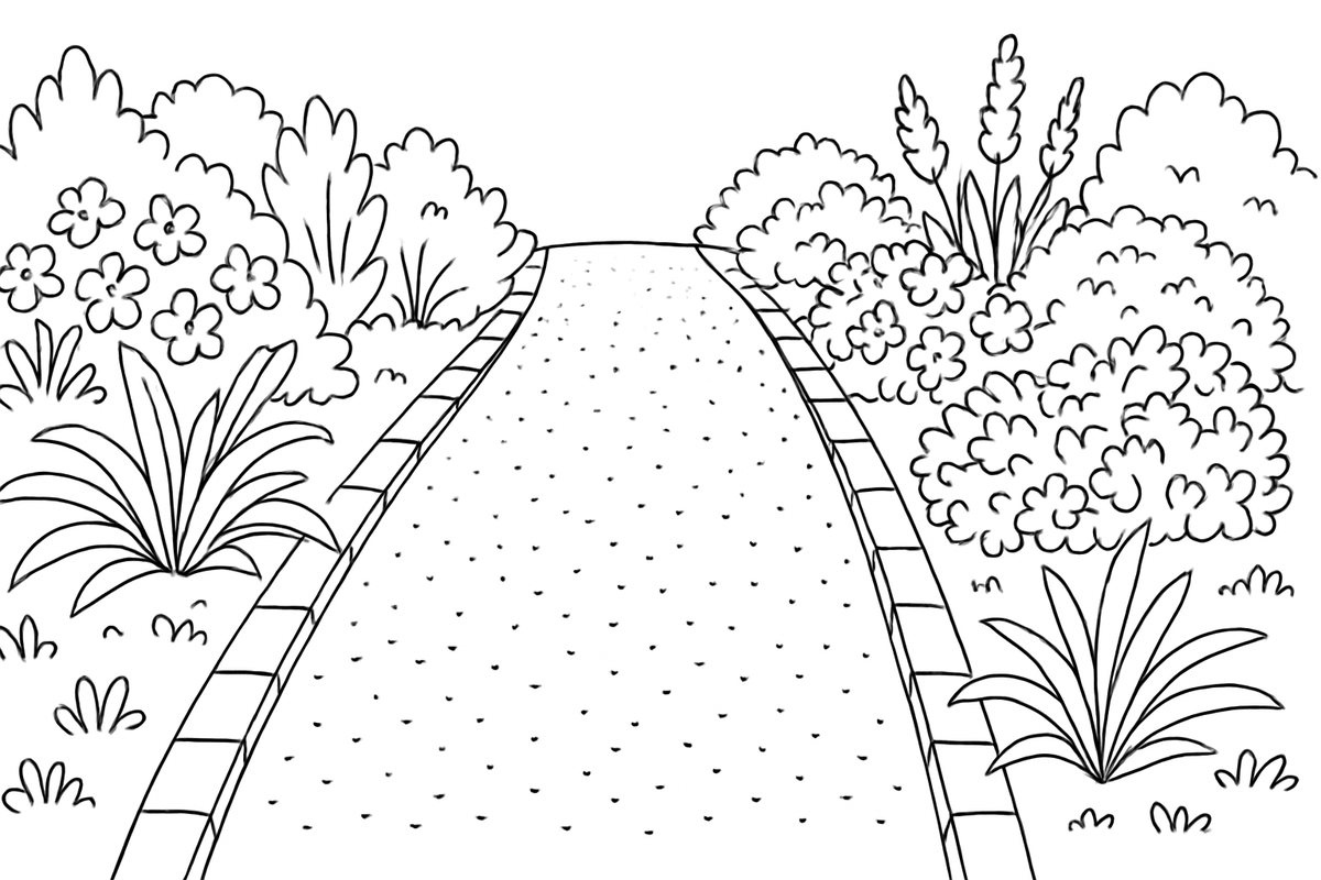 A gravel path with edging between planted borders