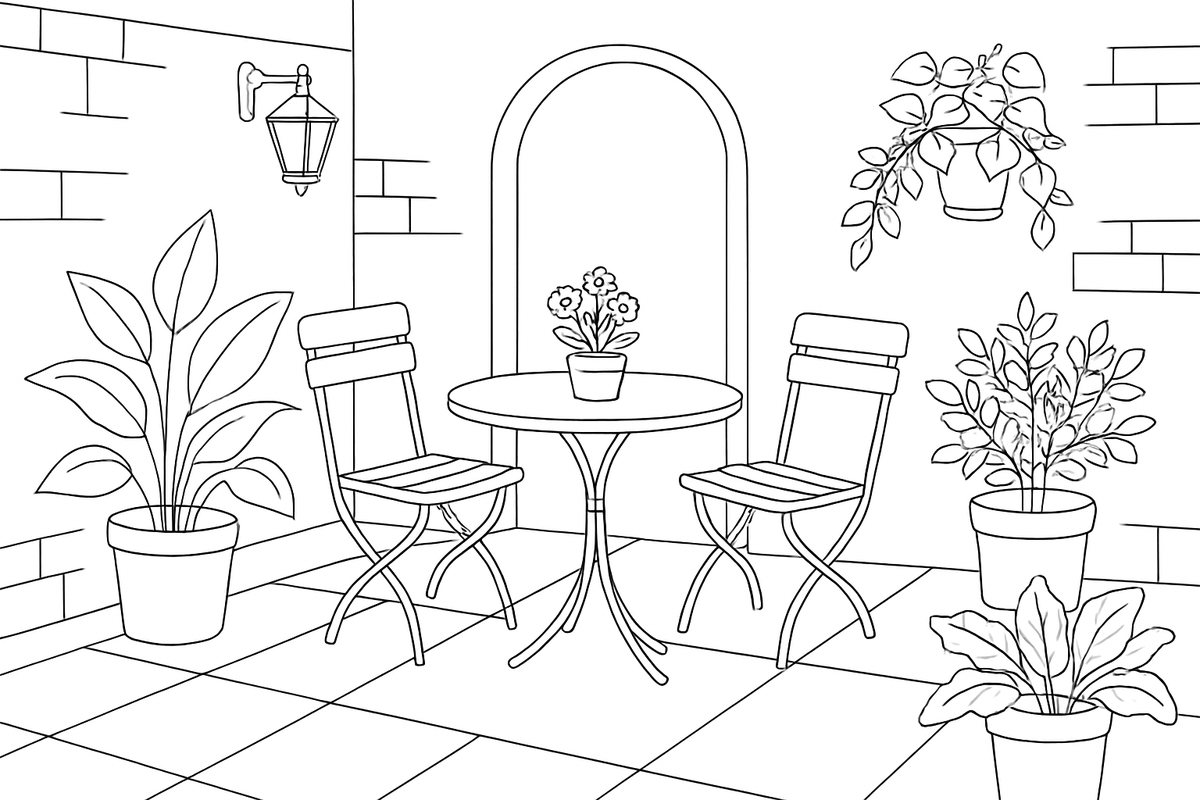 A compact courtyard patio with a bistro set and pots