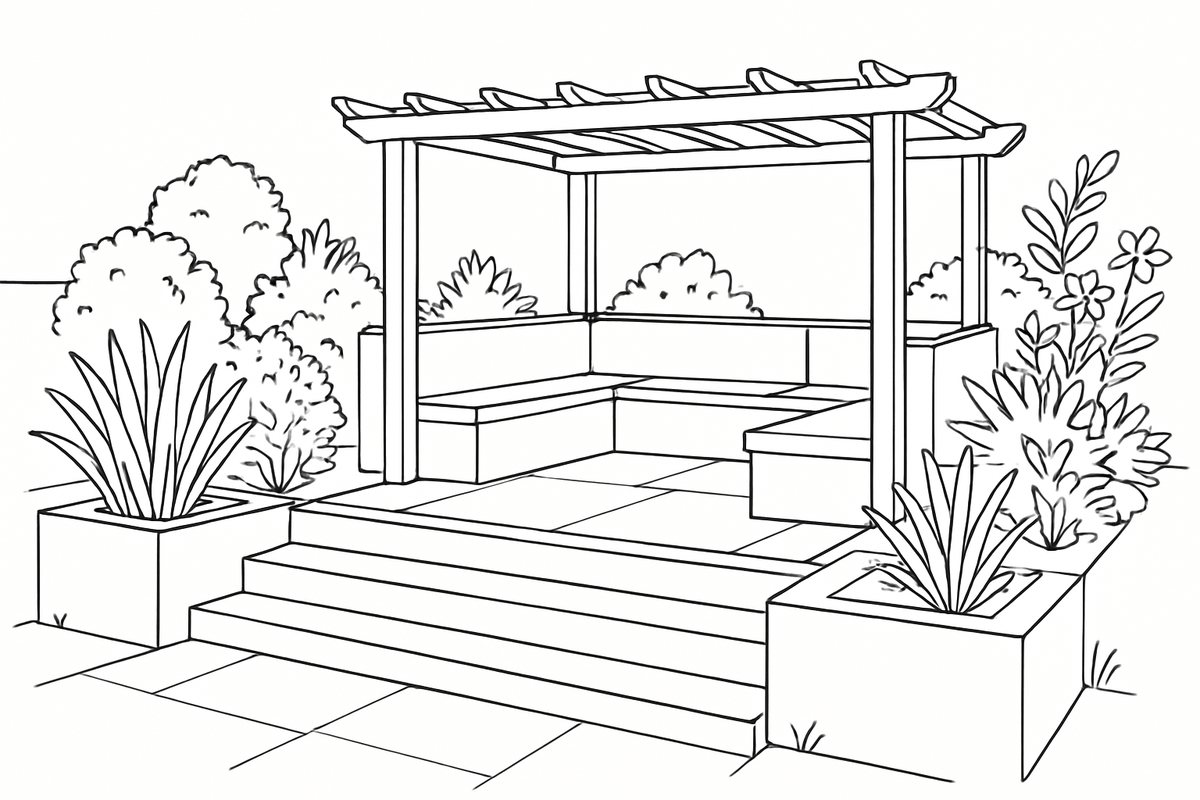 A multi-level patio with steps, a pergola and seating