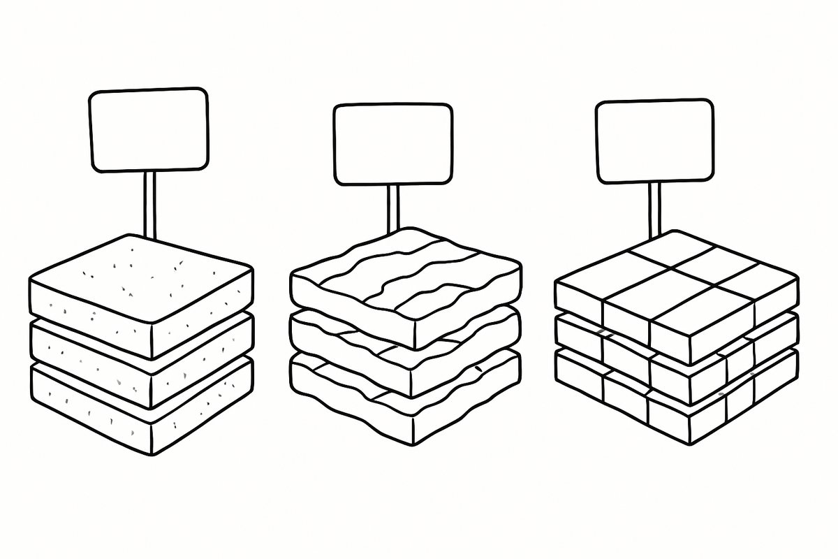 Concrete, sandstone and porcelain paving samples with price tags