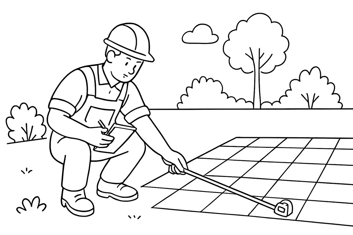 Measuring a patio area with a tape measure to estimate cost