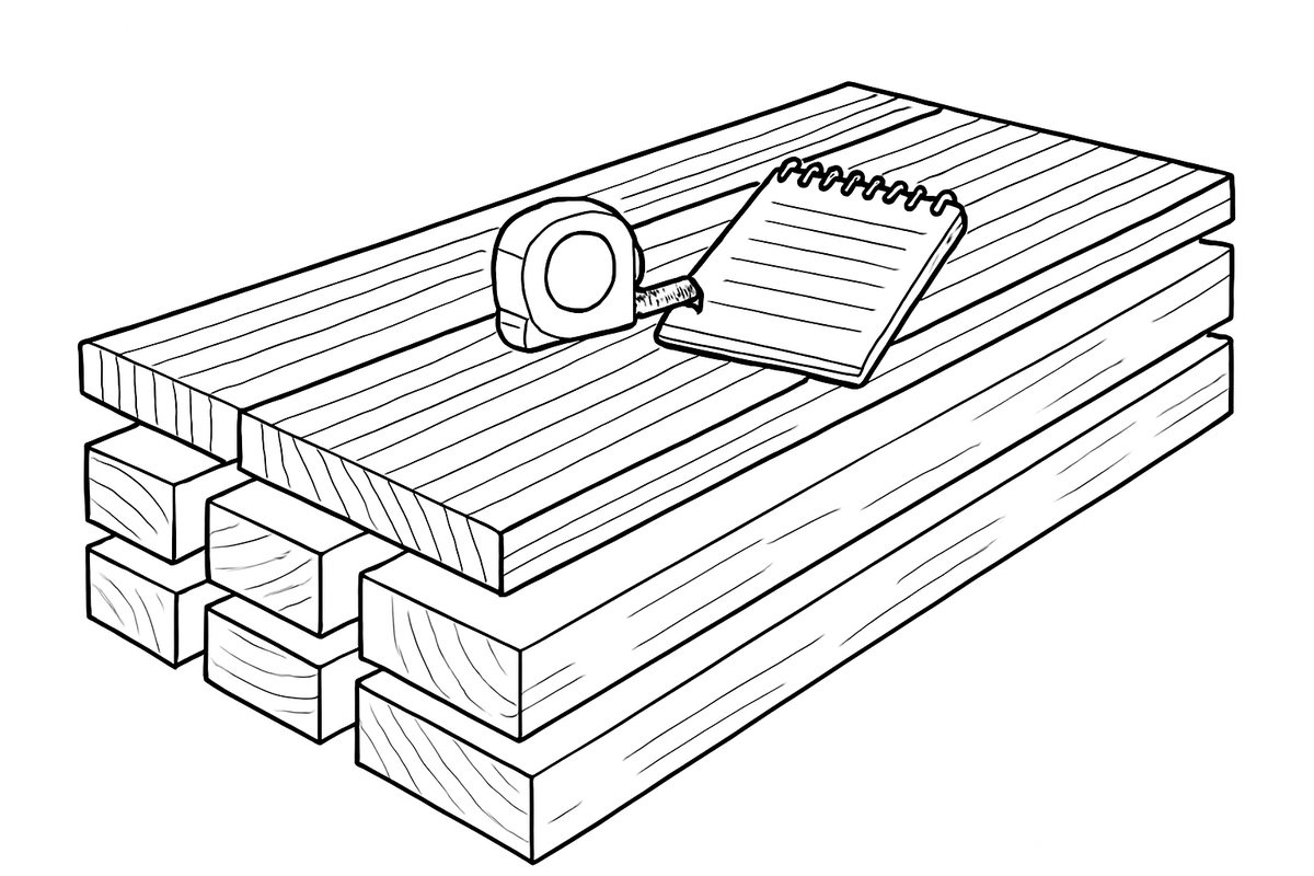 A stack of decking boards and joists with a tape measure