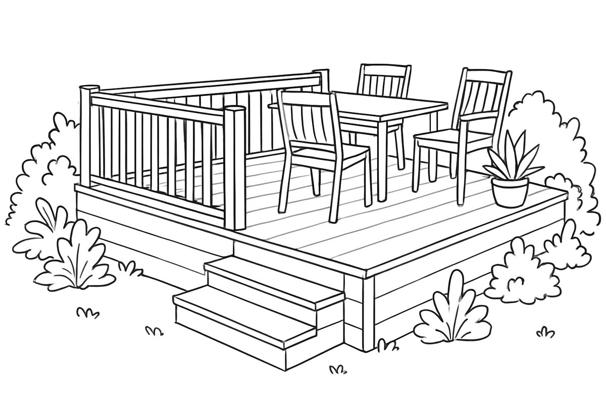 A finished raised deck with steps and railing