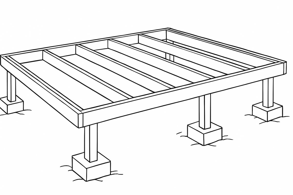 Timber decking sub-frame of joists on concrete pads