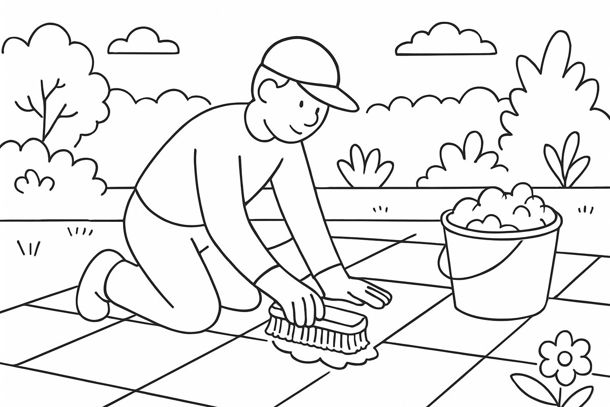Scrubbing patio slabs by hand with a stiff brush and a bucket of soapy water