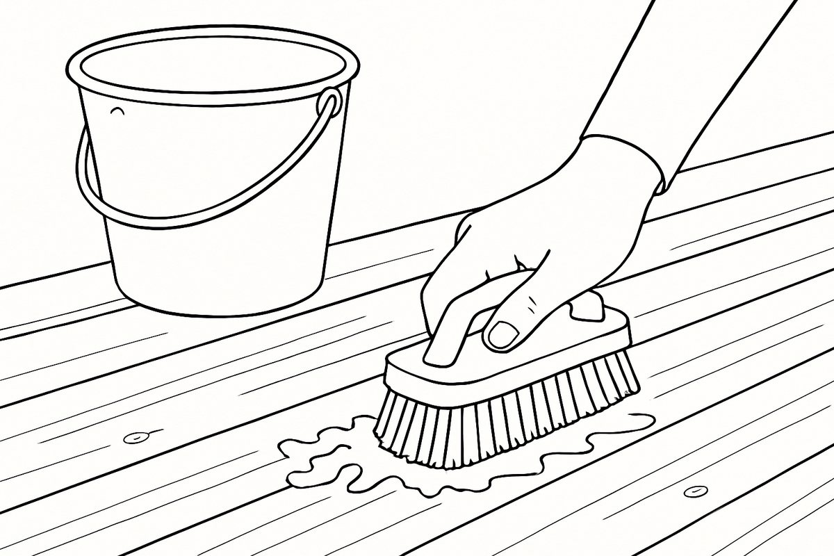 Scrubbing green algae off a decking board with a stiff brush
