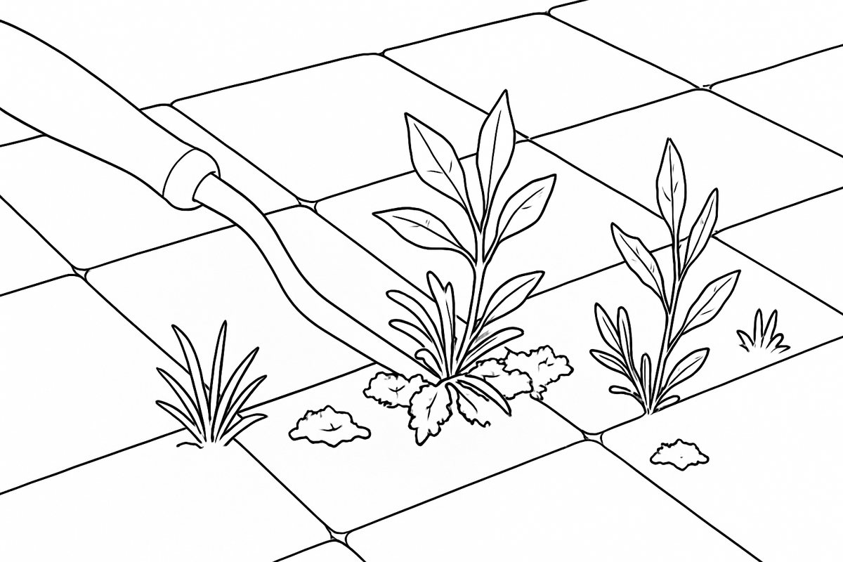 Removing weeds from between block paving with a weeding tool