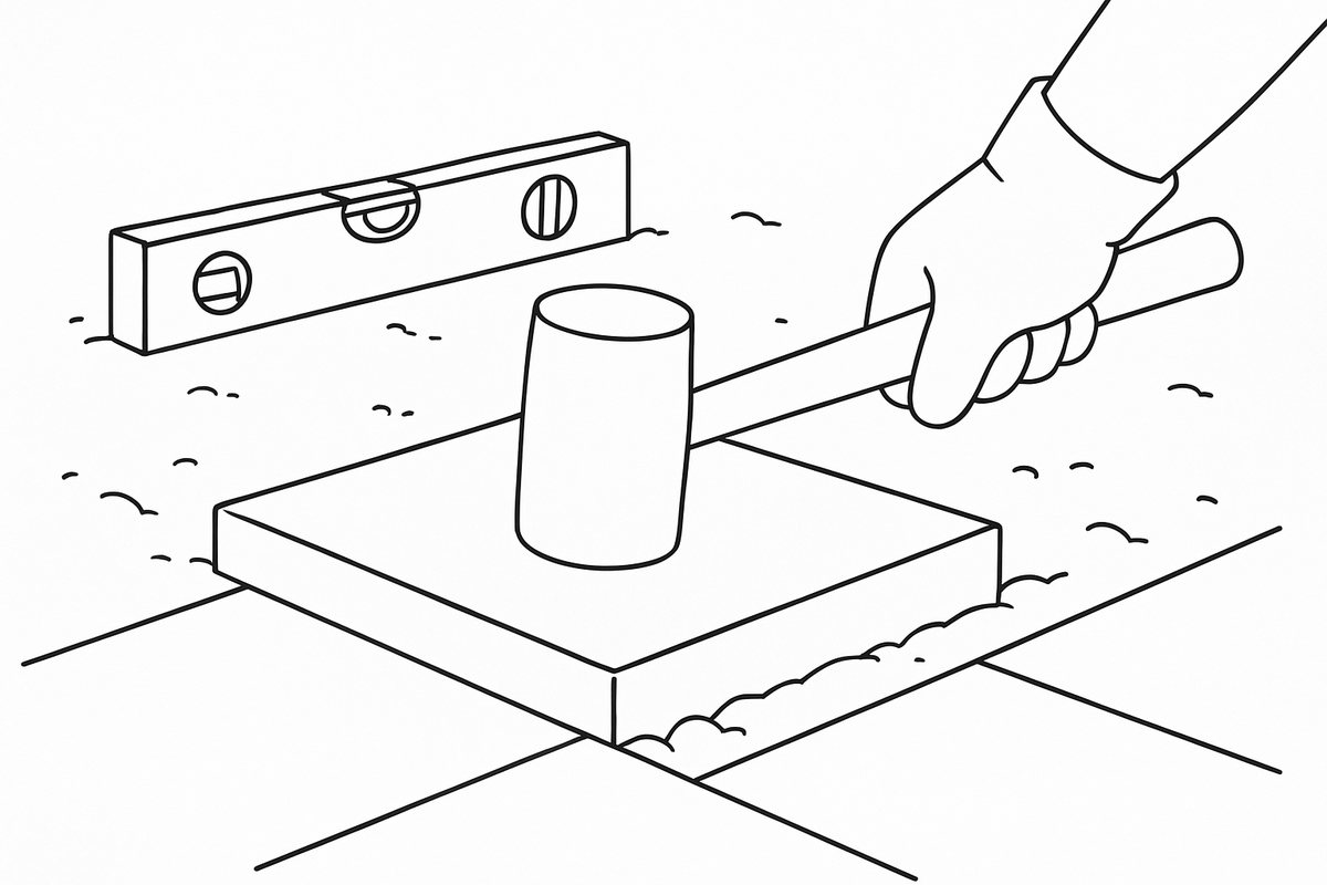 Tapping a slab level with a rubber mallet and checking with a spirit level