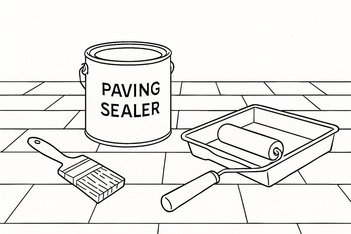 Paving sealer tin with a brush and roller on dry paving