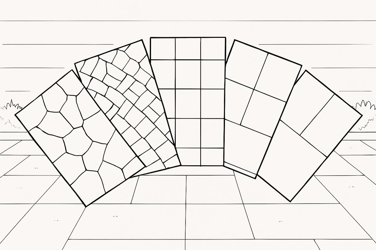 A fan display of porcelain, sandstone and concrete paving slabs