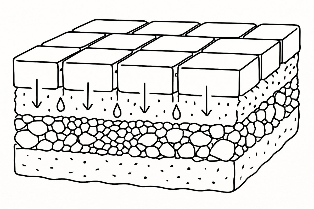Cross-section of permeable paving letting water soak through the layers