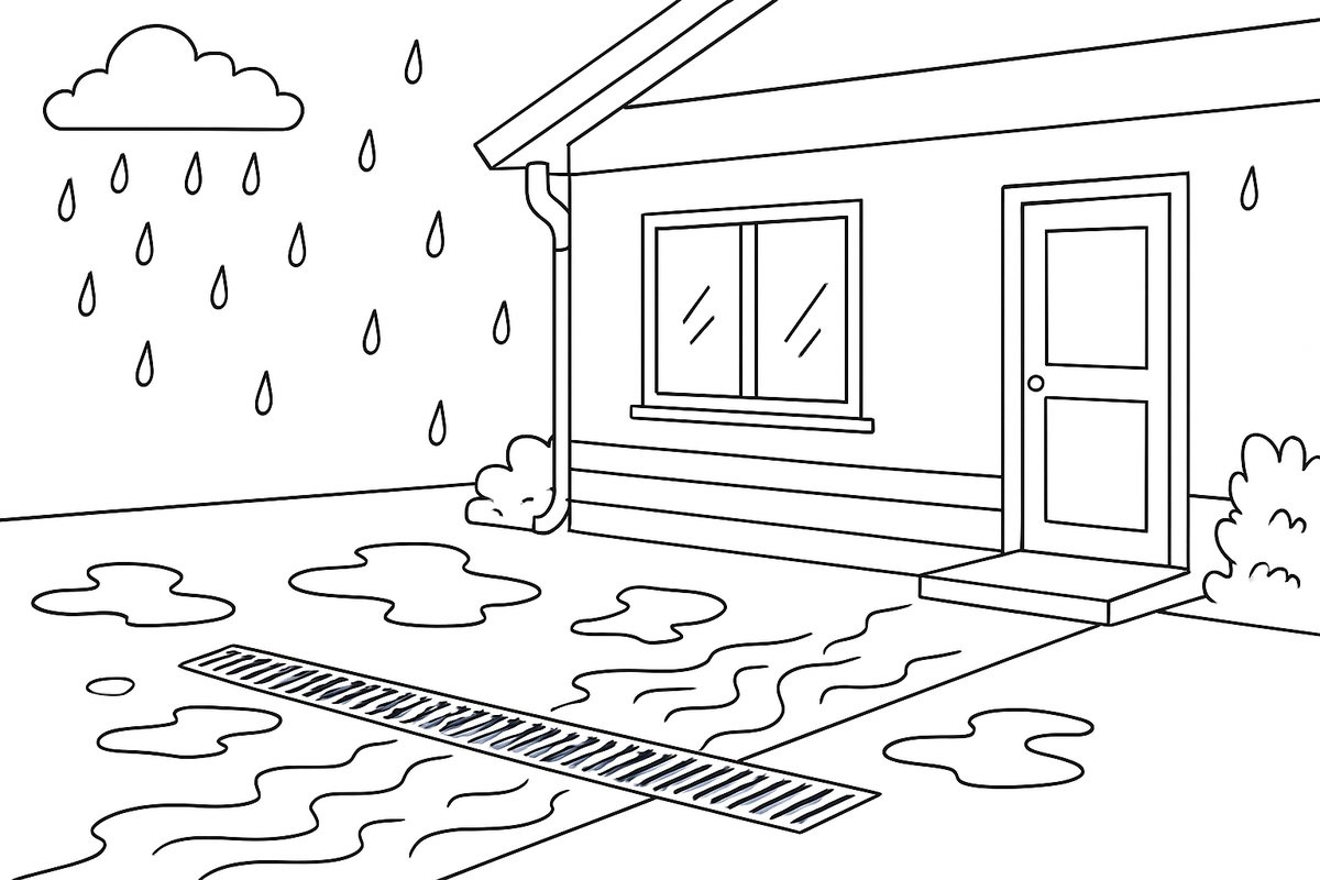 A linear drainage channel across a driveway collecting rainwater
