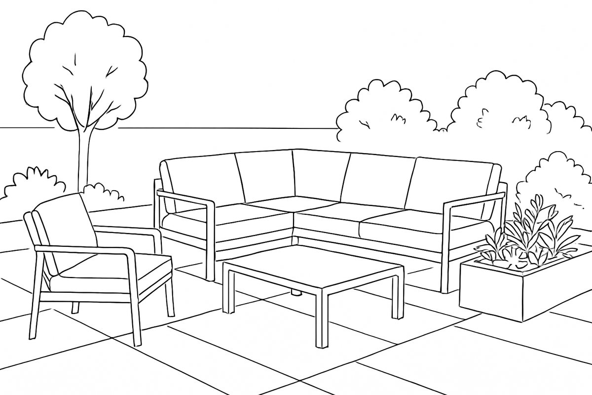 A modern porcelain patio with contemporary furniture
