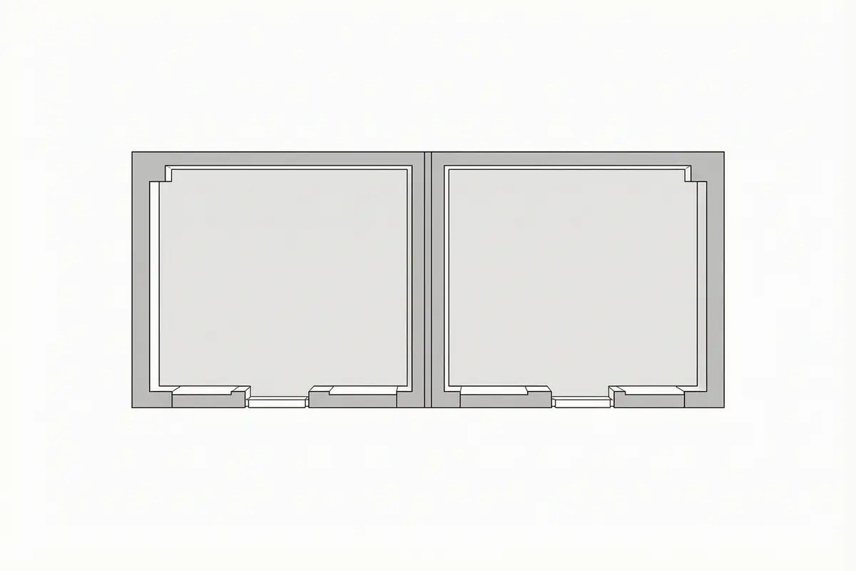 Cutaway line drawing of two terraced houses in section, showing the shared party wall running down between them and the foundations below each house