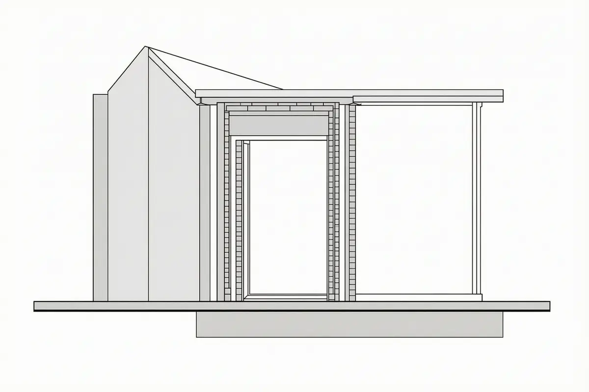 Cutaway section through a single-storey extension, showing the strip foundation, the concrete slab, the cavity wall, the flat roof and a full-height glazed door opening onto the garden
